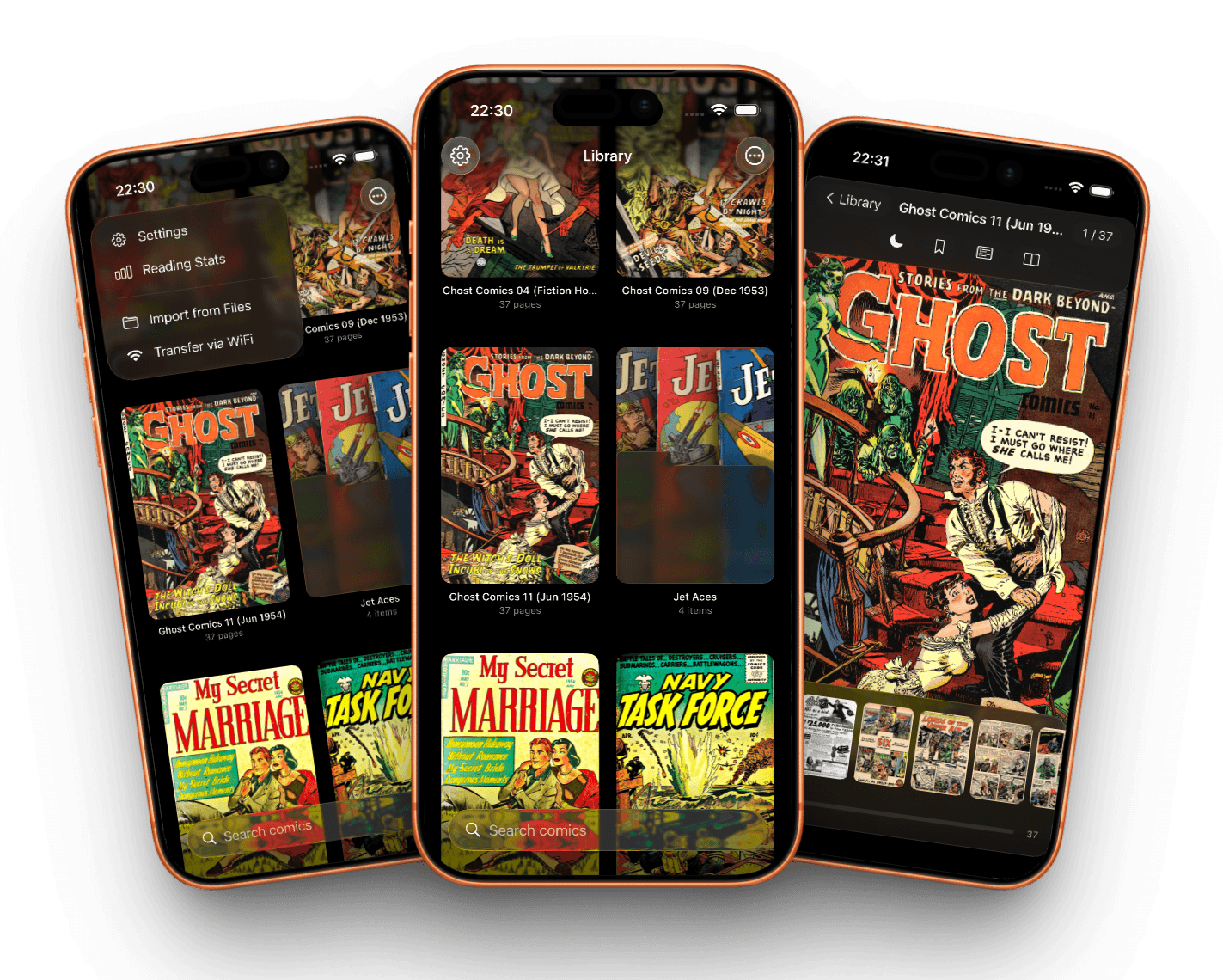 Three iPhones showing Glassy Comics: menu, library grid with comic book covers, and reader view of Ghost Comics