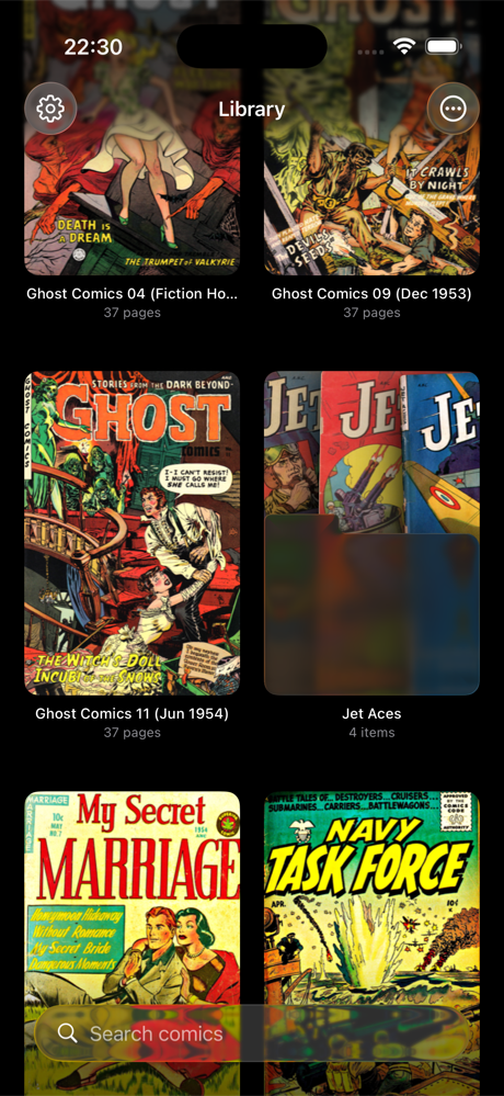 Comic library on iPhone showing a visual grid of covers with search bar and folder organization