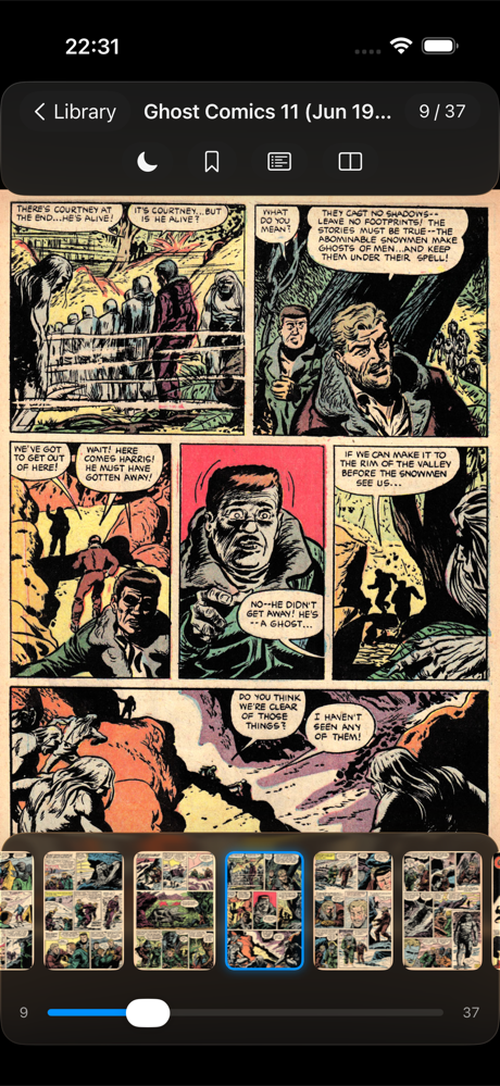 Reading a Ghost Comics page on iPhone with thumbnail navigation strip