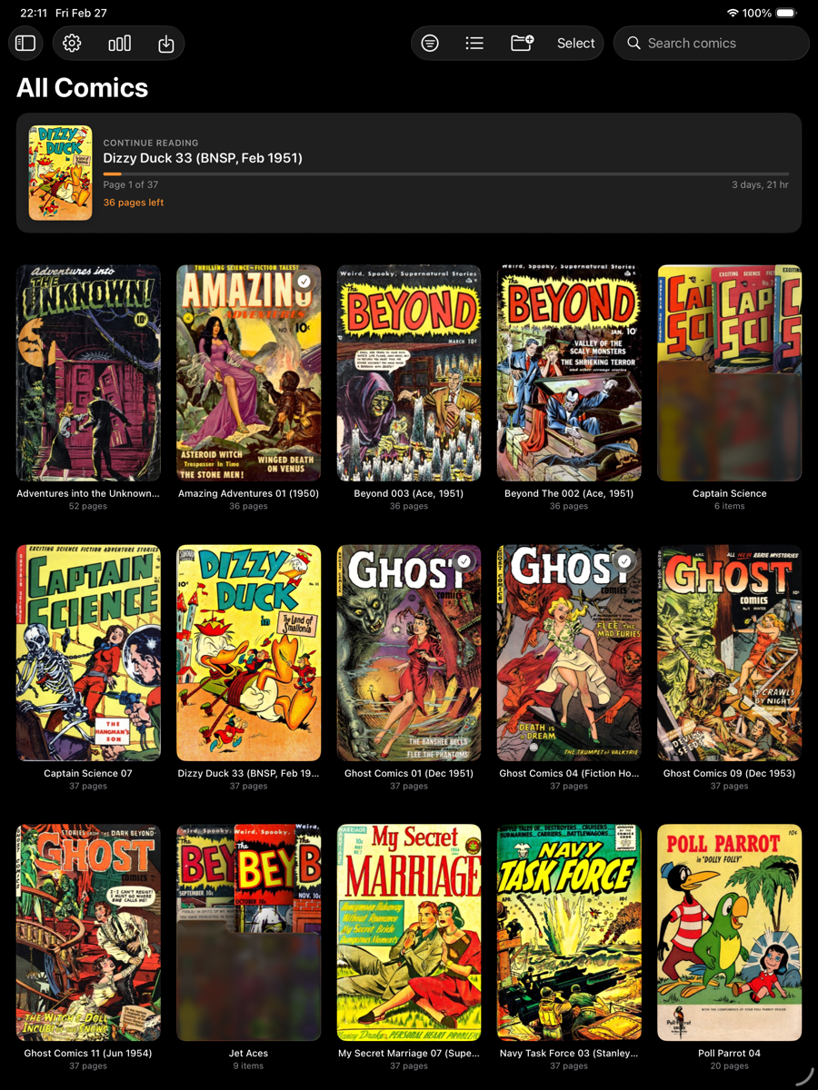 Glassy Comics library on iPad showing a grid of comic book covers including Adventures into the Unknown, Amazing Adventures, Ghost Comics, and more
