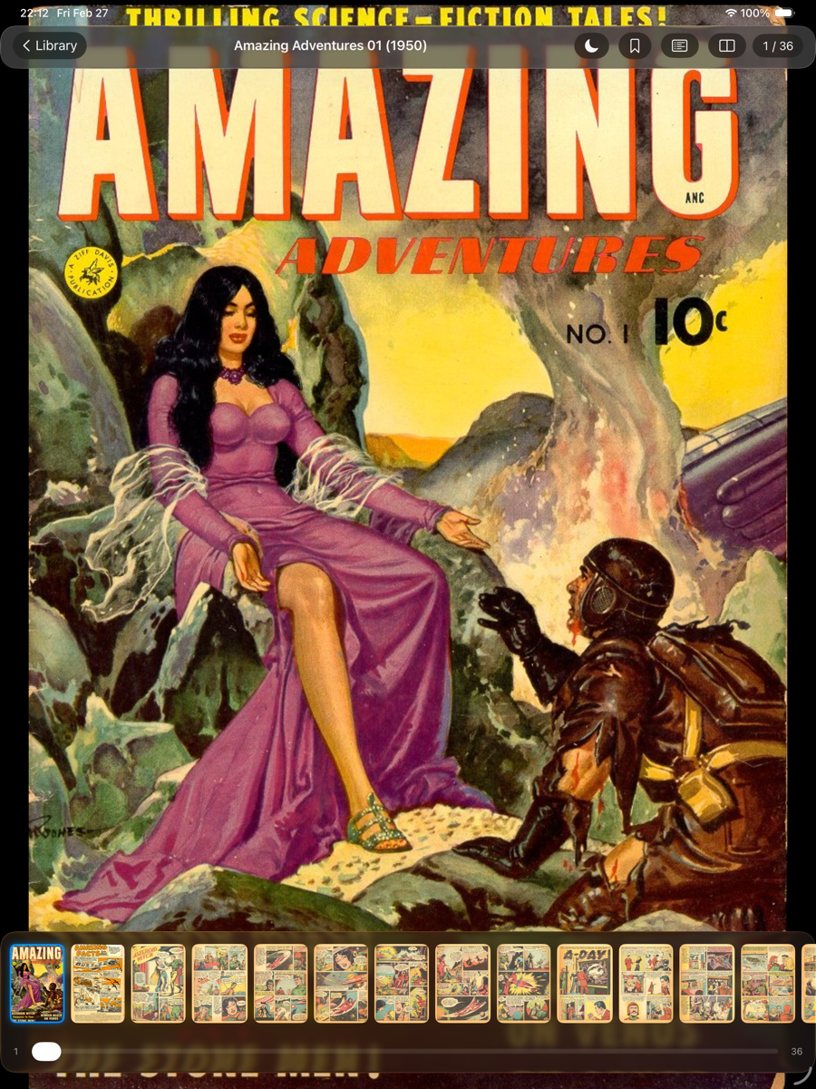 Full-screen comic reader on iPad showing Amazing Adventures #1 with thumbnail strip for quick navigation